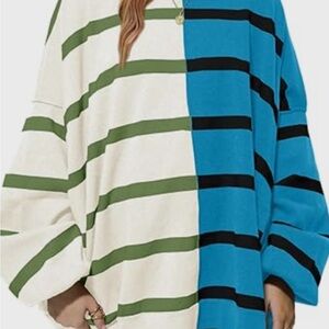 FP Movement by Free People Blue, Cream & Green Striped Oversized Crew Sweater